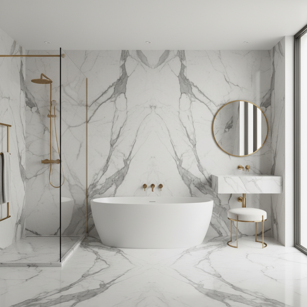 Premium bathroom with bookmatched marble wall