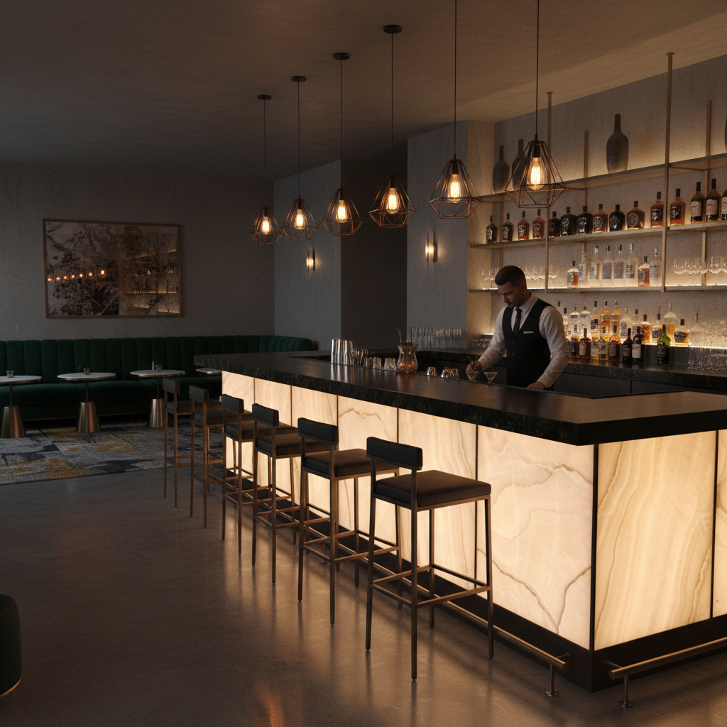 Stylish commercial bar with backlit onyx