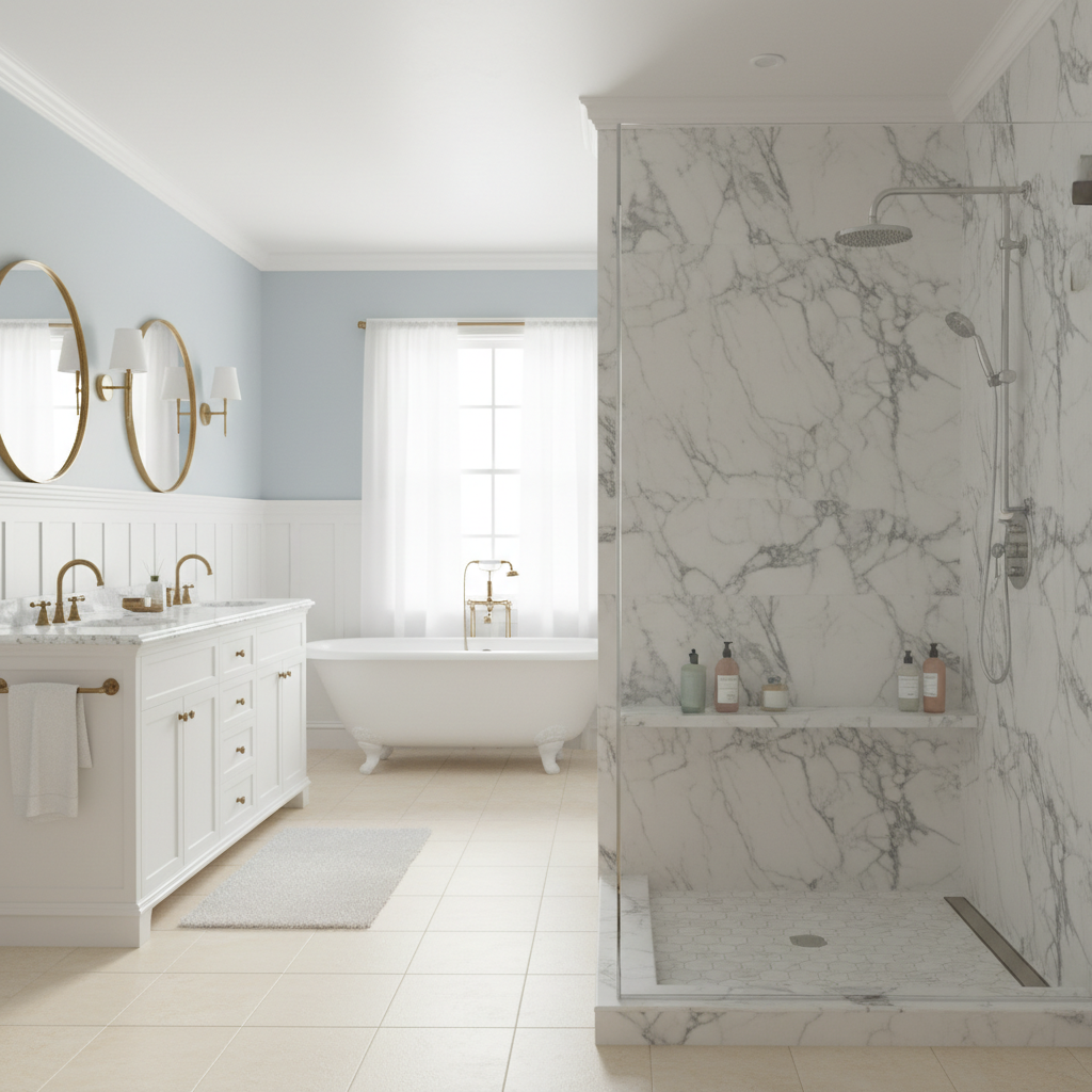 Bathroom Design – Featuring Arabescato Marble
