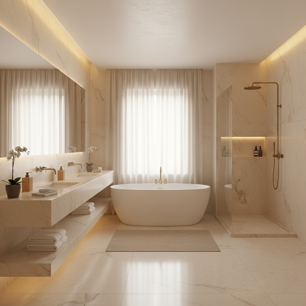 Bathroom Design – Featuring Crema Marfil Marble